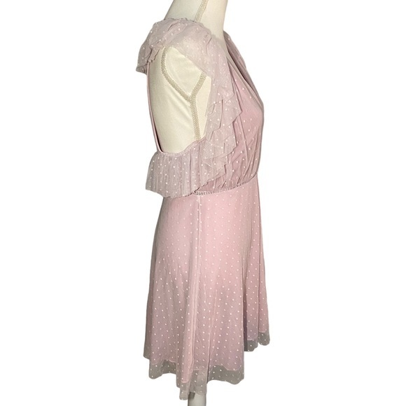 Gianni Bini Women's‎ Medium Lilac Swiss Dot Mesh Ruffle Open Back Mini Dress - Picture 5 of 10